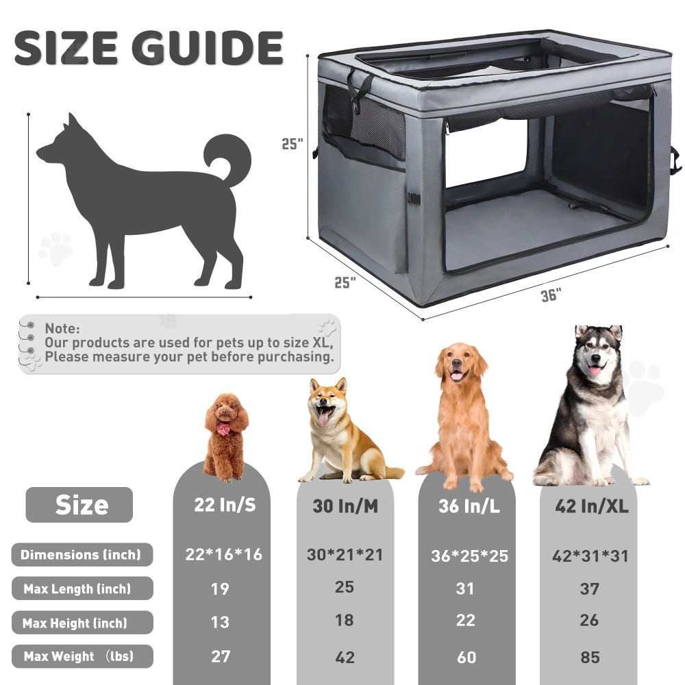 Meghna Collapsible Dog Crate 36 inch Portable Travel Crate 4 Door Foldable Pet Kennel with Durable Mesh Windows Gray - Image 3