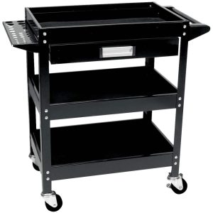 Performance Tool W54006 23.5 In. x 16 In. 3-Shelf Utility Cart with Drawer,  Tool Trays,  and Swivel Casters,  Black