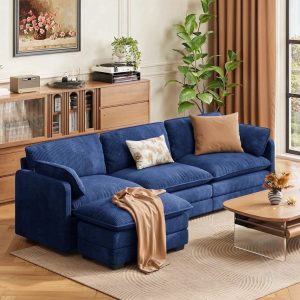 110" Sectional Sofa With Washable Cover,Comfy 3 Seater L-Shaped Corduroy Fabric Couch with Reversible Ottoman & Deep Seat for Apartment, Blue