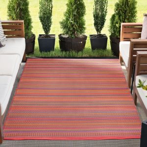 57 Reversible Red and Orange Polypropylene Outdoor Stripe Area Rug