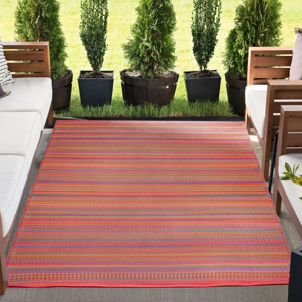 57 Reversible Red and Orange Polypropylene Outdoor Stripe Area Rug