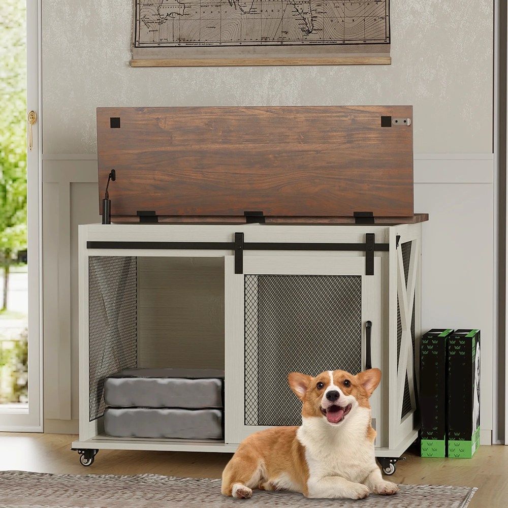 37" Stress-Free Dog Crate with Dual Access Sliding Barn Door & Flip Top Design Creates a Cozy Den for Your Pet - Image 42