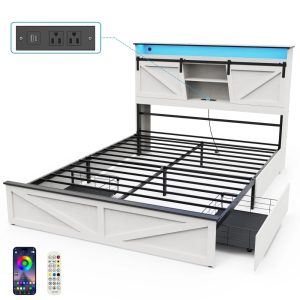 Wood Queen Bed Frame with Headboard & Storage Shelf,Holaki Farmhouse Queen Size Platform Bed Frame with 2 Drawers,Charging Station & LED Lights,Headboard with Sliding Barn Door,White