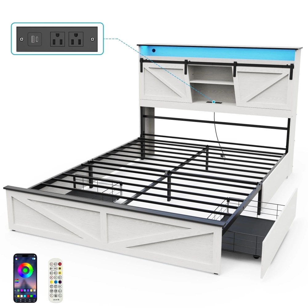 Wood Queen Bed Frame with Headboard & Storage Shelf,Holaki Farmhouse Queen Size Platform Bed Frame with 2 Drawers,Charging Station & LED Lights,Headboard with Sliding Barn Door,White