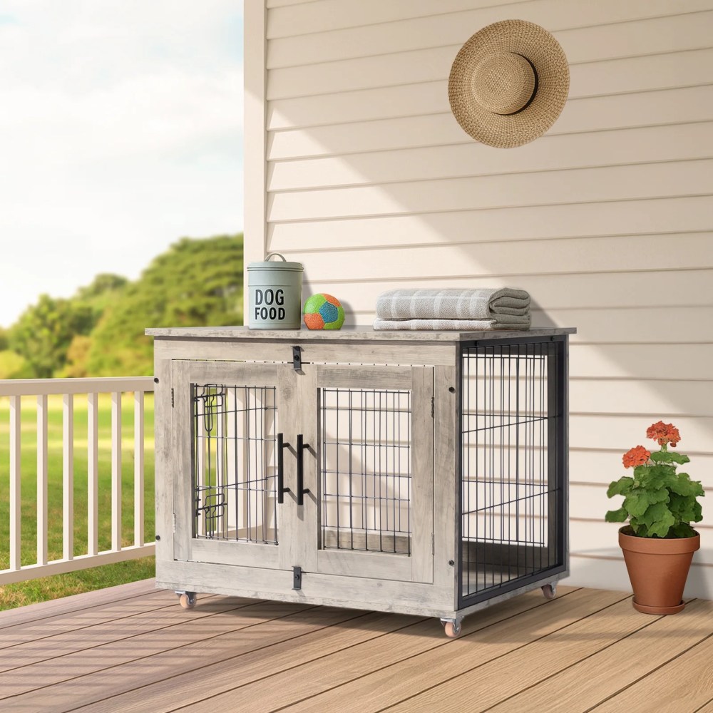 Zimtown 31In Indoor Dog Crate Furniture, Double Door Wooden Pet Cage with Removable Tray, End Table, Light Gray - Image 6