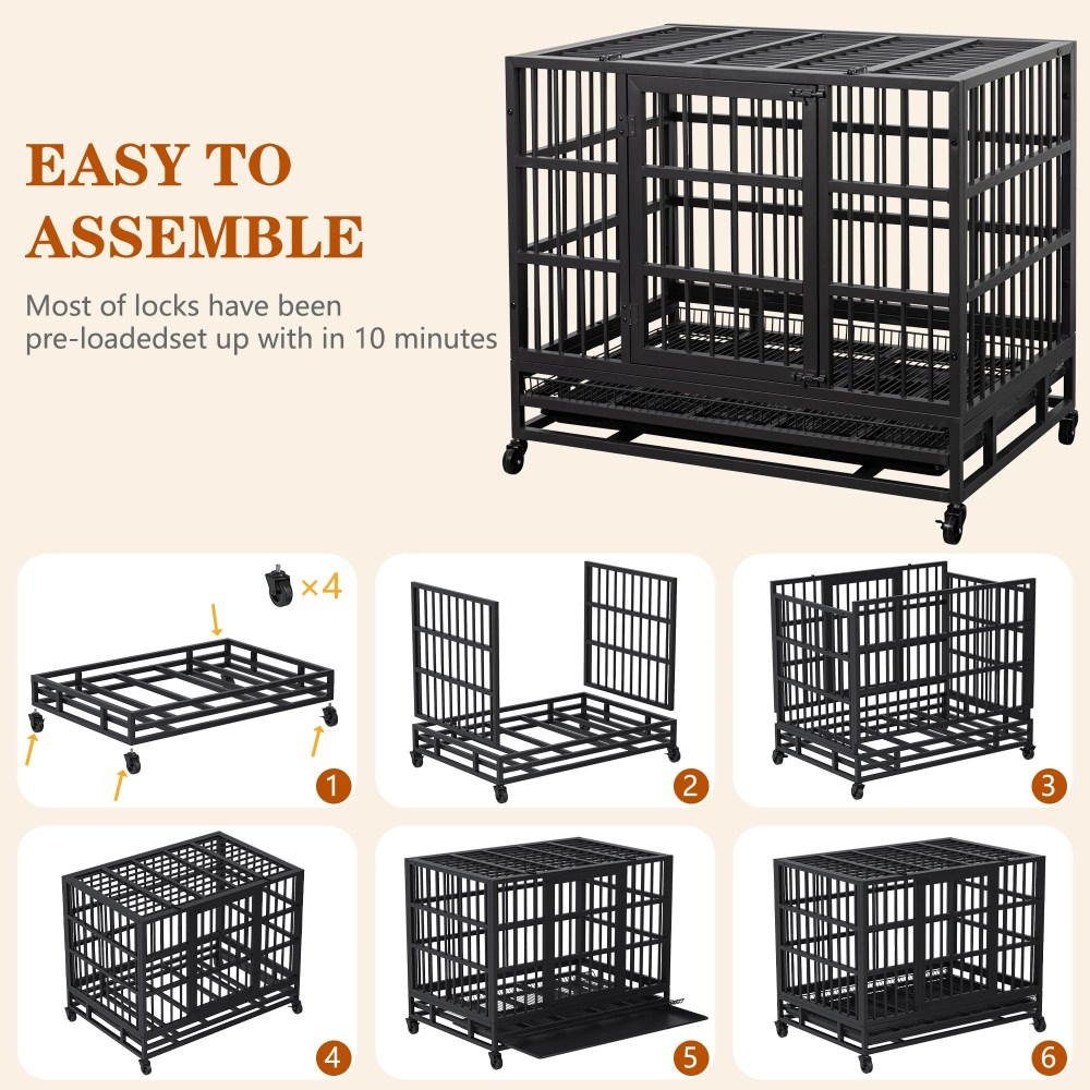 48" Heavy Duty Stainless Steel Dog Cage with Double Doors Divider Panel & Removable Tray for Indoor Outdoor Black - Image 2