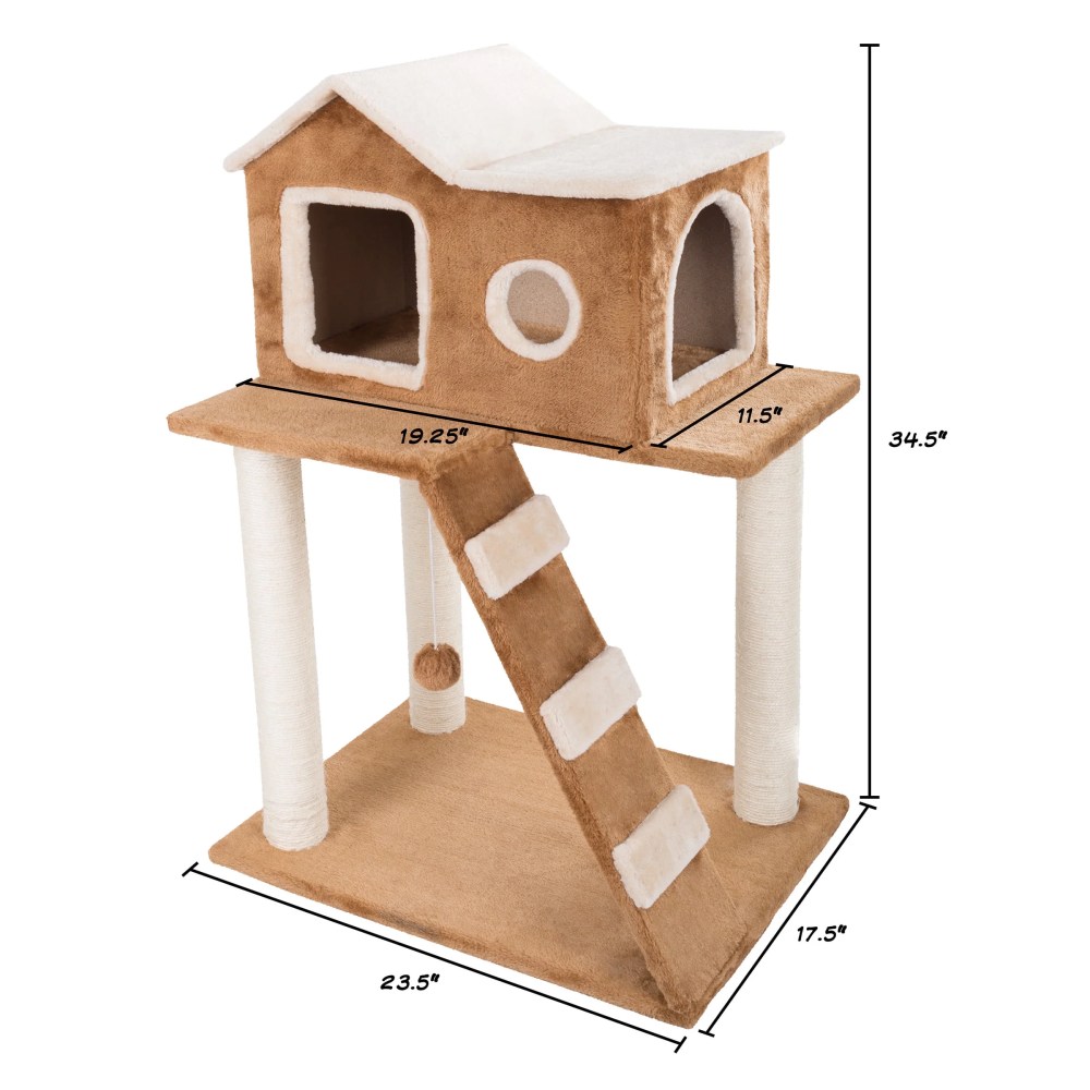 PETMAKER 35in Cat Tree with Ladder, House, Scratch Posts, and Toy (Brown) - Image 4
