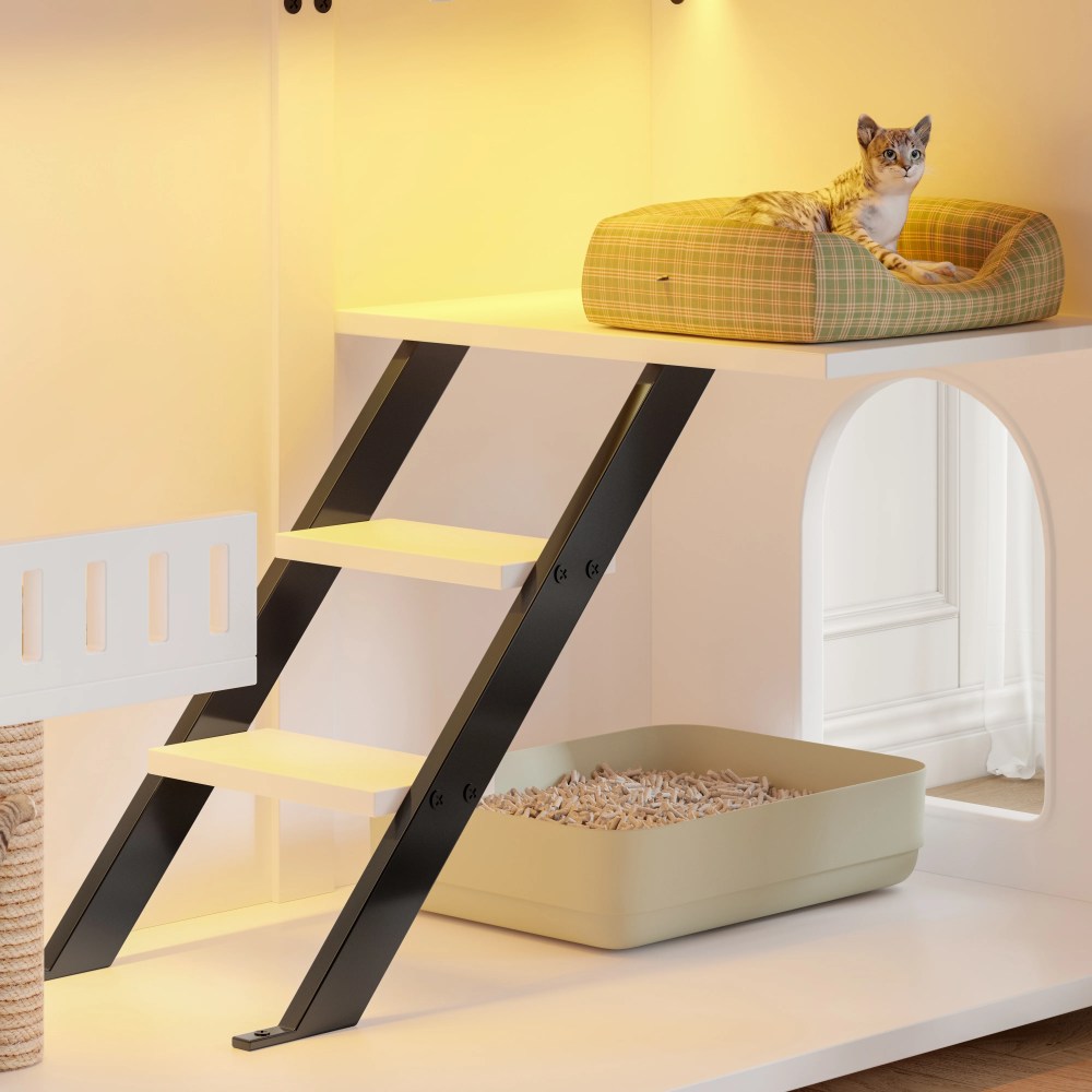 47.25" Large Cat Litter Box Enclosure with LED Light, Hidden Litter Box Furniture with Stairs and Scratching Post, Smart Locking Doors, Cat Cabinet Side Table for Living Room, White - Image 3