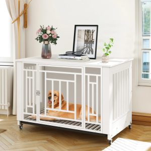 Uforic 38" Dog Crate Furniture with 4 Wheels,  Indoor Furniture Style Wooden Large Dog Kennel,  White