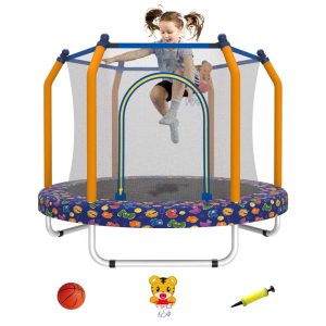 55" Toddler Trampoline Indoor/Outdoor for Kids, Shinpt Mini Trampoline for Backyard, Recreational Trampoline with Basketball Hoop, Outdoor Toddler Toy with Enclosure Net, Indoor Bounce House for G