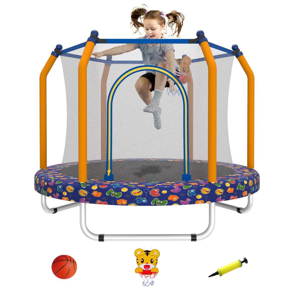 55" Toddler Trampoline Indoor/Outdoor for Kids, Shinpt Mini Trampoline for Backyard, Recreational Trampoline with Basketball Hoop, Outdoor Toddler Toy with Enclosure Net, Indoor Bounce House for G