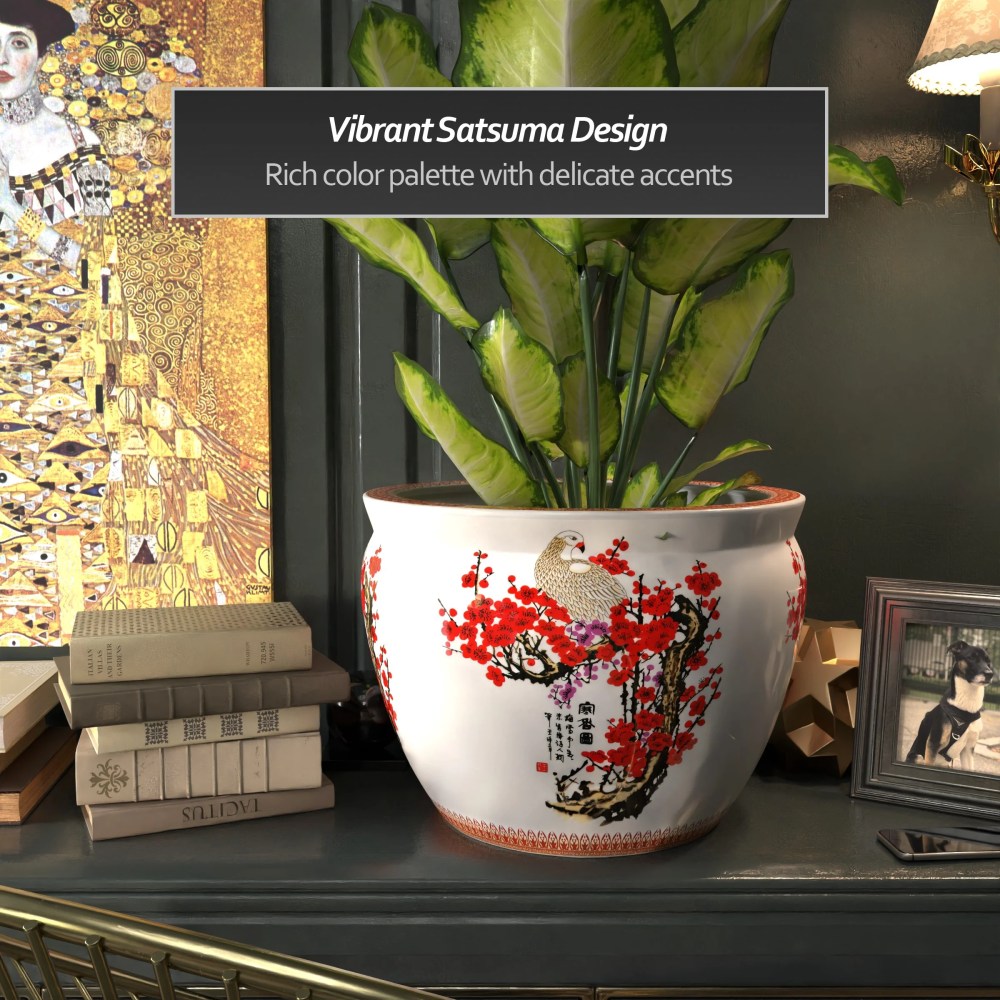 Red Lantern Large 18" Cherry Blossom Porcelain Fishbowl Planter - Image 3