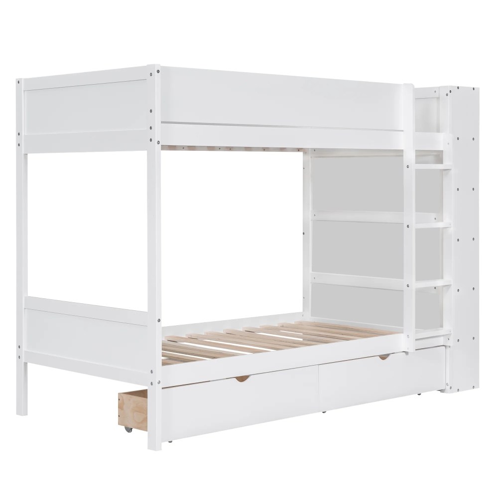 Euroco Pine Wood Twin over Twin Bunk Bed, Storage Bed with Cabinets and Shelves for Kids Teens, Sapce-Saving Design, White - Image 10