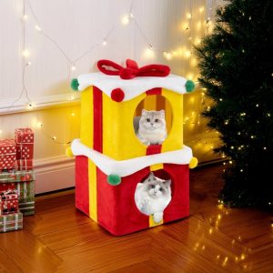 Pefilos 2 Gift Box Shaped Cute Christmas Cat House with Bow,  Cat Nest for Indoor Cats Stackable Cube Condo Kittens Condos,  Red  Yellow