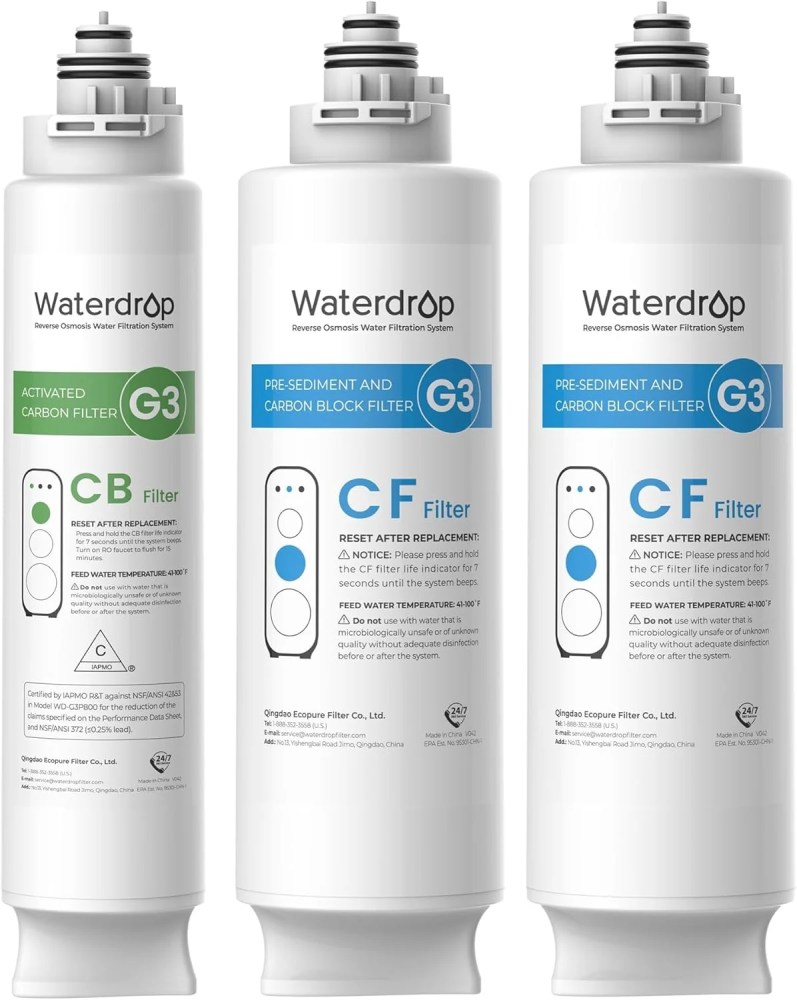 Waterdrop G3 Replacement Filter 1-Year Combo,Pack of 2 WD-G3-CF Filters and 1 WD-G3-CB Filter,Replacement for WD-G3-W,WD-G3P600 and WD-G3P800-W Reverse Osmosis System