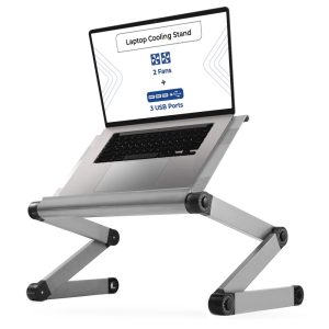 Adjustable Laptop Cooling Stand with Dual Fans & USB Ports-WorkEZ Executive Foldable Aluminum Laptop Desk for Bed,  Couch & Office,  Ergonomic Riser for Laptops up to 17"