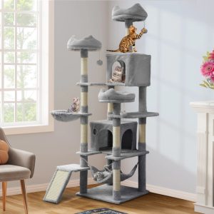 Dextrus 75" Multi-Level Cat Tree Tower with Cat Condos, Perches, Hammocks, Scratching Posts Board, Large Cat Activity Center, Light Grey