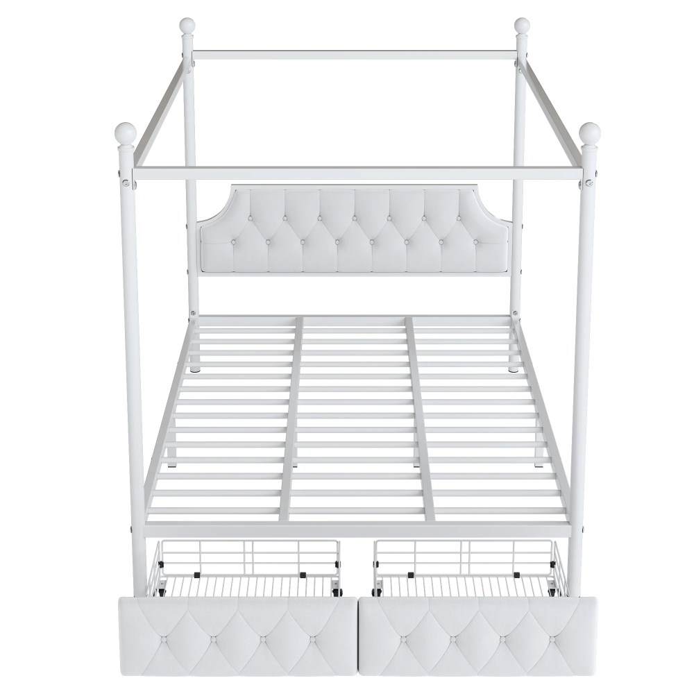 Euroco Wood Queen Size Canopy Platform Bed with Four Support Legs and 2 Drawers for Kids Teens Adults, White - Image 13