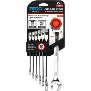 Zero Degree 7 Pc Gearless Ratcheting Wrench Set 12 Point SAE Tight Space Turn