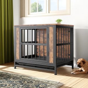 Pefilos 27.4" Furniture Style Dog Crates for Indoor, Pet Kennels with Removable Trays and 2 Sliding Doors, Heavy-Duty Dog Cage, Brown
