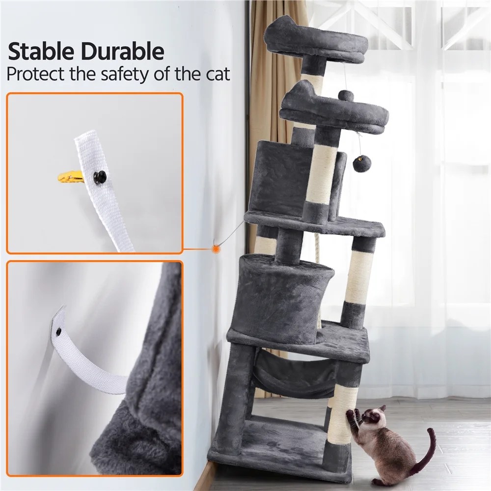 Alden Design 62" Tall Double Condo Cat Tree and Scratching Post Tower, Dark Gray - Image 6