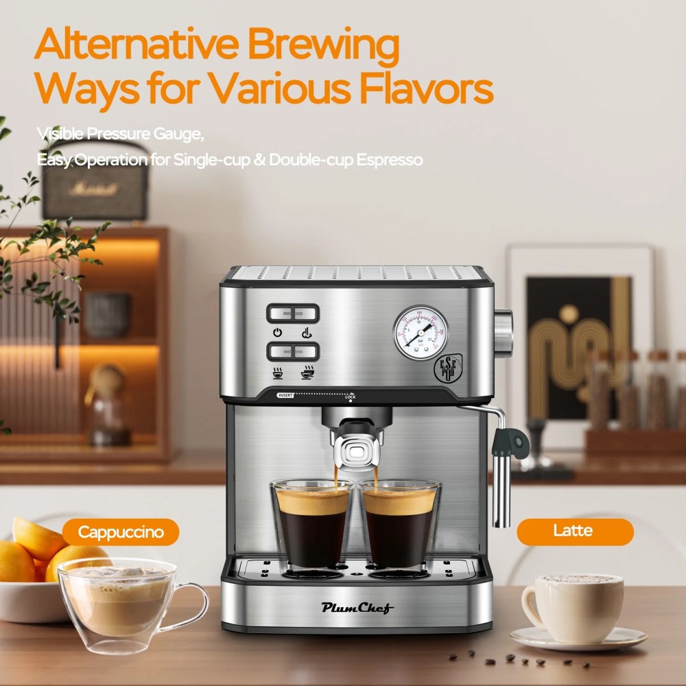 Plum Chef 20 Bar Espresso Machine with Built-in Pressure Gauge, Professional Coffee Maker for Cappuccino & Latte, ESE POD Compatible, 1.5L Water Tank, Stainless Steel, 950W - Image 10