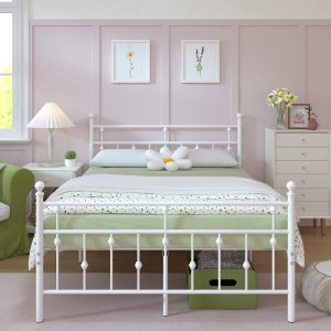 Yoneston Full Size Metal Platform Bed Frame with Retro Headboard Footboard,14" High Under Bed Storage Double Bed Frame No Box Spring - White