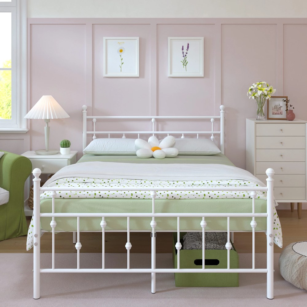 Yoneston Full Size Metal Platform Bed Frame with Retro Headboard Footboard,14" High Under Bed Storage Double Bed Frame No Box Spring - White