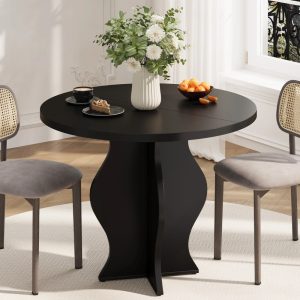 31.5 Inch Small Round Dining Table for 2,Modern Farmhouse Wood Kitchen Table,Rustic Black Circle Dining Room Table with Pedestal Base for Kitchen and Dining Room Furniture