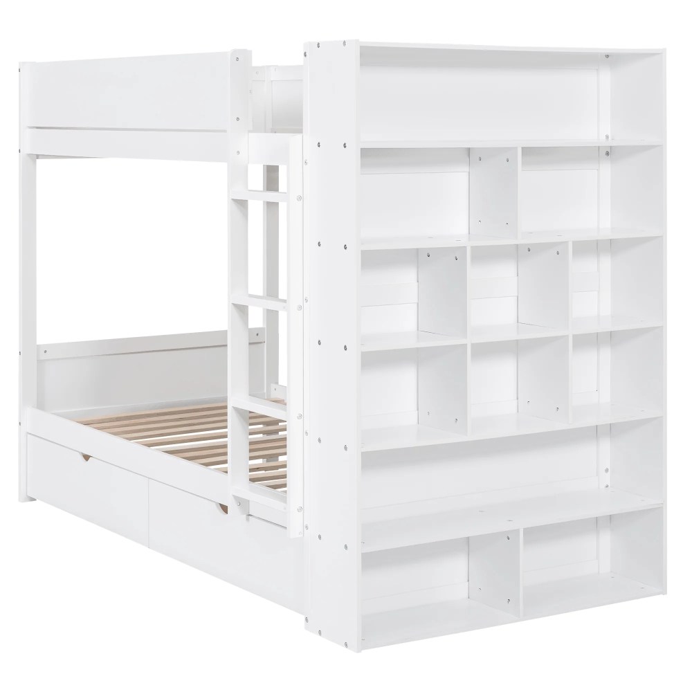 Euroco Pine Wood Twin over Twin Bunk Bed, Storage Bed with Cabinets and Shelves for Kids Teens, Sapce-Saving Design, White - Image 2