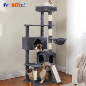 PEQULTI 61" Modern Cat Tree Large Cat Tower with Ladder and Dual Condos Indoor Dark Gray