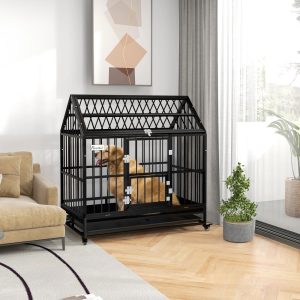 PawHut 49" Steel House Dog Crate with Wheels,  Black