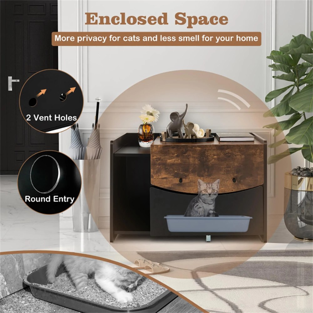Pefilos 31" Wood Enclosed Cat Litter Box Enclosure, Hideaway Cat House Condo Washroom with Pull-out Drawer for Living Room, Black - Image 8