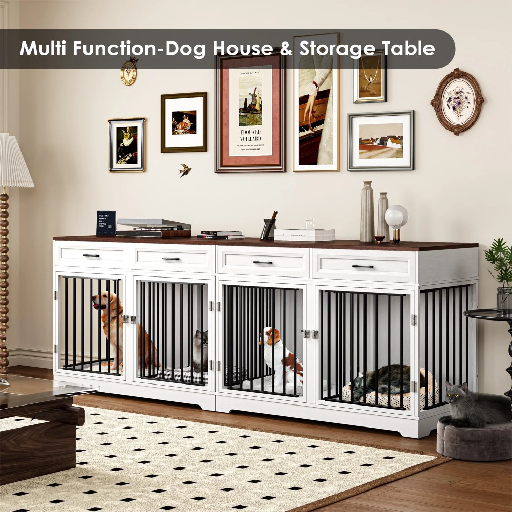 Homfa Dog Crate Furniture with 2 Drawers, 47.2 in Wooden Indoor Dog Cage Table with Divider, White - Image 3