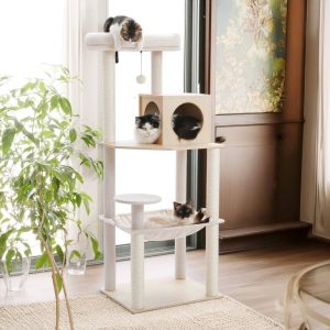 Pefilos 56" Wood Cat Tree Tower with Sisal Covered Scratching Posts,  Cat Condo,  Hammock,  Cat Scratching Posts,  Beige