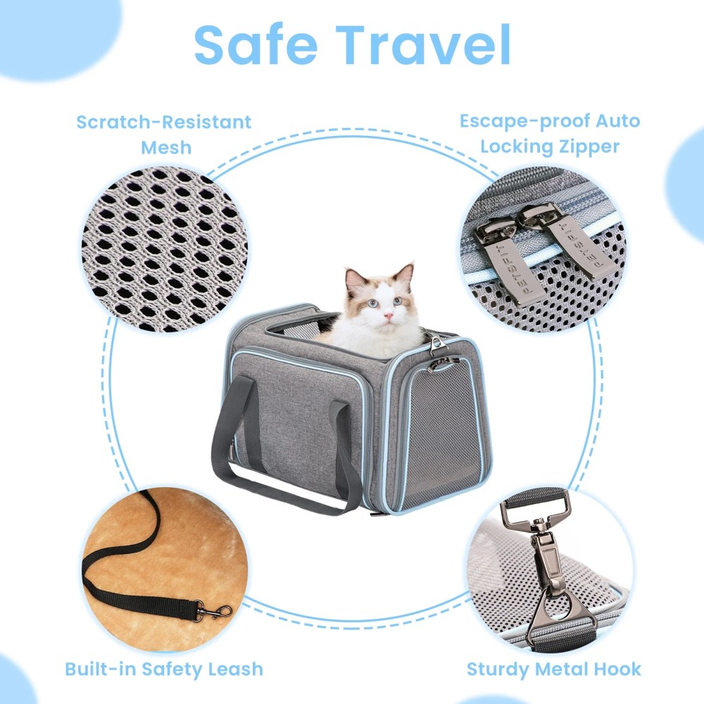 Petsfit 19" Expandable Soft-Sided Cat Carrier, Airline Approved Portable Washable Pet Travel Carrier with Two Extension for Kittens, Light Gray - Image 2