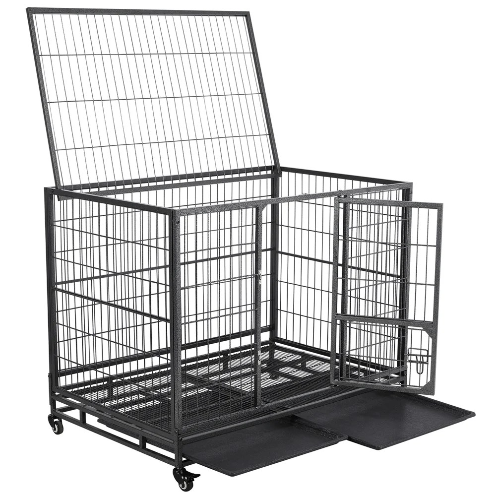 Easyfashion 43 inch Heavy Duty Metal Rolling Dog Cage Kennel, Black - Image 3