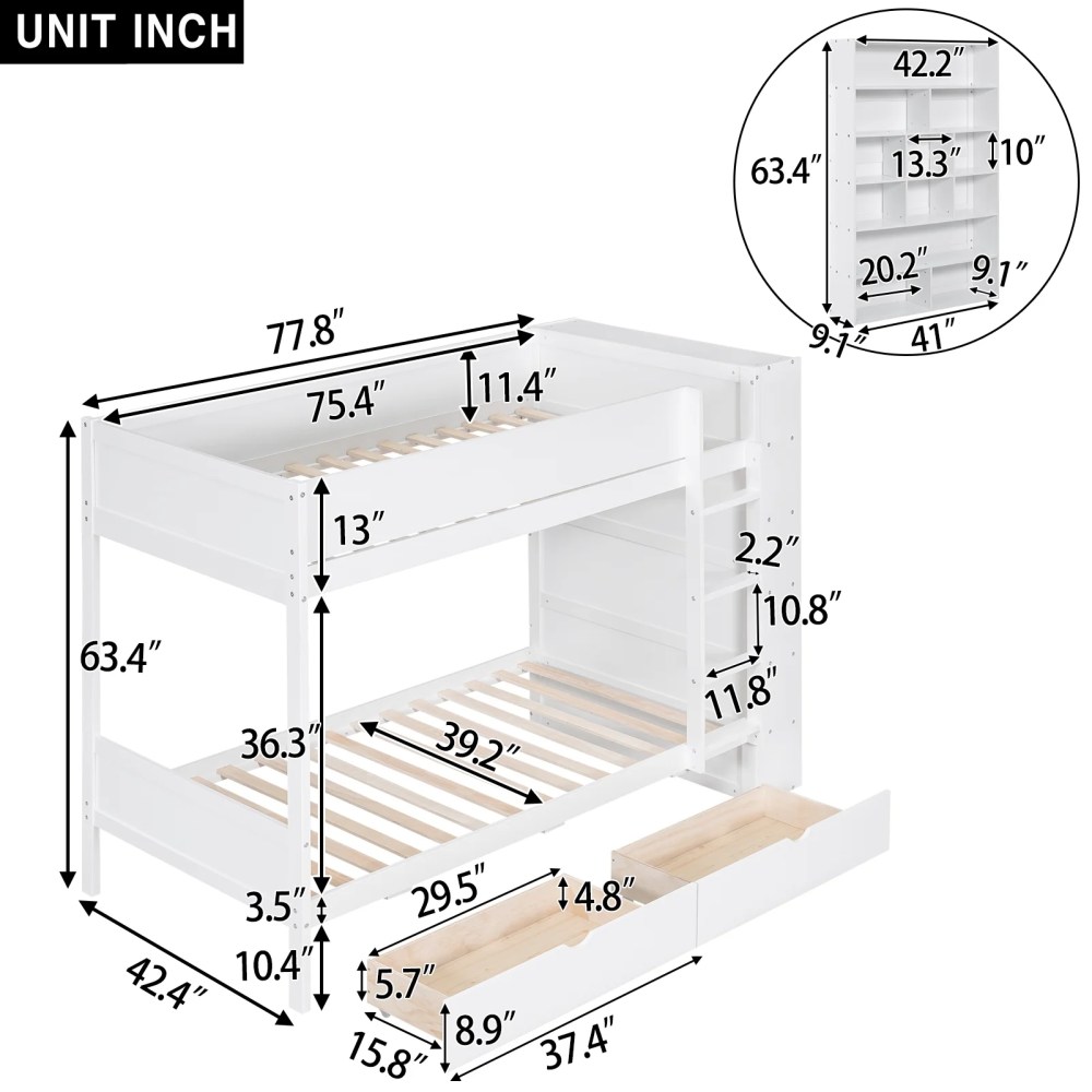 Euroco Pine Wood Twin over Twin Bunk Bed, Storage Bed with Cabinets and Shelves for Kids Teens, Sapce-Saving Design, White - Image 15