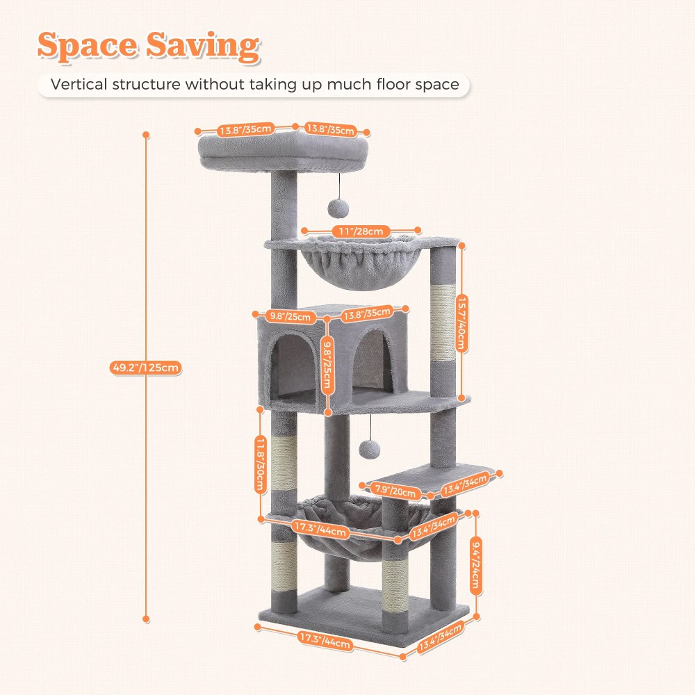PAWZ Road 49" Large Cat Tree Multi-Level Scratcher with Two Hammocks&Condo for Indoor Cats Gray - Image 11