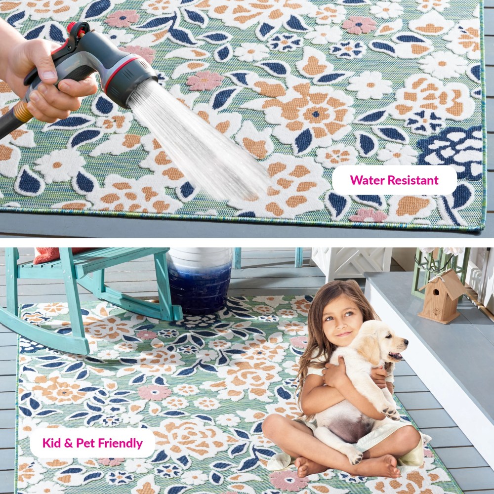SAFAVIEH Cabana Tobias Floral Indoor/Outdoor Area Rug, Green/Navy, 5'1" x 7'6" - Image 4