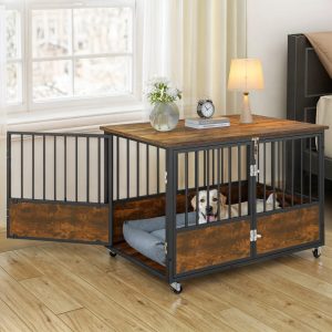 Uforic 43-Inch Wooden Dog Crate Furniture with Wheels and Double-Doors, Dog Kennel, Dog Cage for Indoor - Rustic Brown