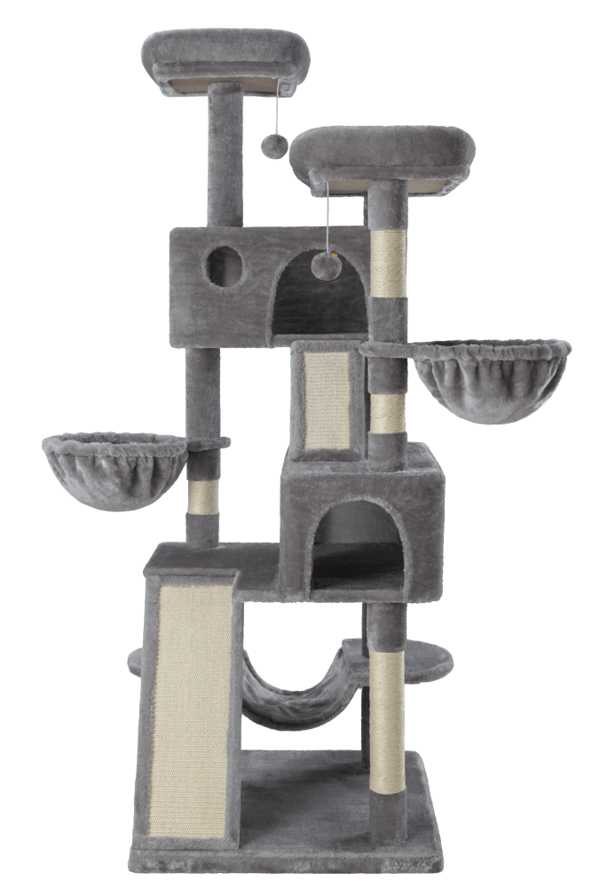Amolife 65.7" Large Cat Tree and Tower Condo for Indoor Cats with 2 Scratching Boards, Hammock & Post, Gray - Image 4