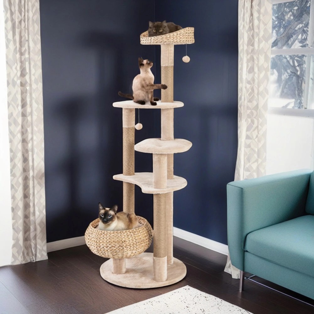 Demi Bonn 63" Cat Tree Tower for Indoor Cats, Cat Condo for Large Cats, Modern Cat Tree House Manual Hand Woven with Sisal, Cat Scratching Post, Beige - Image 3