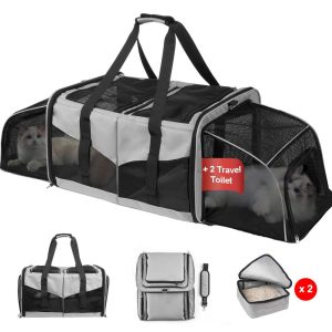LitaiL Cat Carrier for 2 Cats, 2-in-1 Double Pet Carrier with 2 Litter Boxes, Portable Soft Sided Dog Carrier for Traveling, Gray