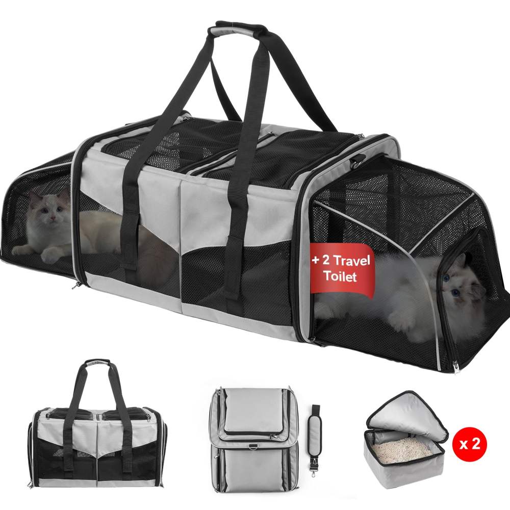 LitaiL Cat Carrier for 2 Cats, 2-in-1 Double Pet Carrier with 2 Litter Boxes, Portable Soft Sided Dog Carrier for Traveling, Gray