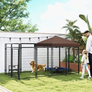 PawHut Dog Kennel Outdoor with Waterproof Canopy, Galvanized Chain Link, for Backyard and Patio, Large and Medium Sized Dog, 9.3" x 4.6" x 5.2"