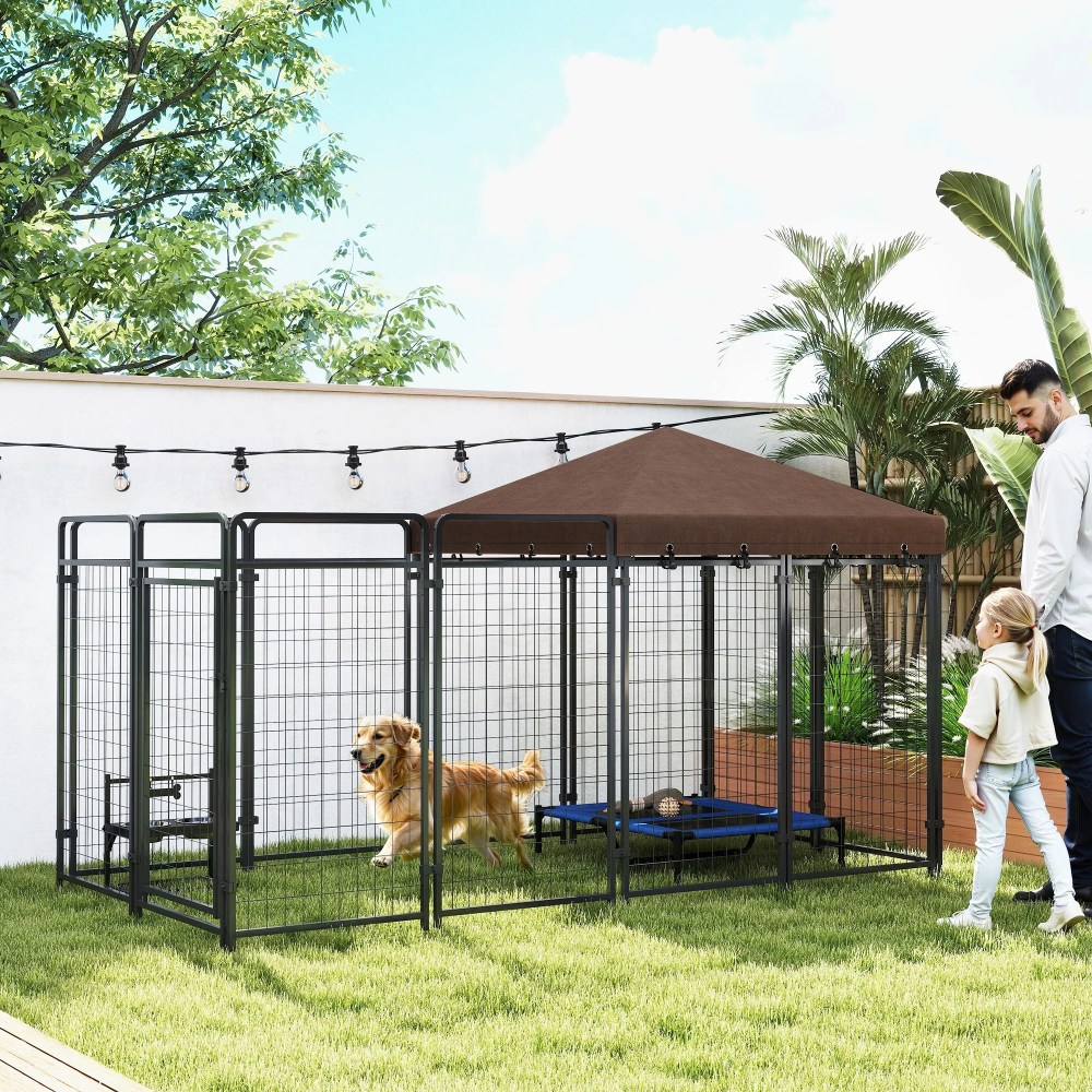 PawHut Dog Kennel Outdoor with Waterproof Canopy, Galvanized Chain Link, for Backyard and Patio, Large and Medium Sized Dog, 9.3" x 4.6" x 5.2"