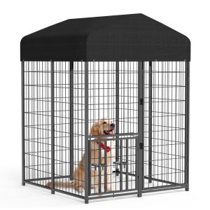 Suchown 4" x 4" x 5.6" Heavy Duty Dog Kennel Outdoor - Welded Wire Puppy Training Pen with Roof Cover & Rotating Feeders - Secure Walk-In Enclosure