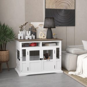PawHut Dog Crate Furniture Side End Table with Storage,  41" Modern Wooden Dog Kennel Furniture with Double Doors for Small and Medium Dogs,  White
