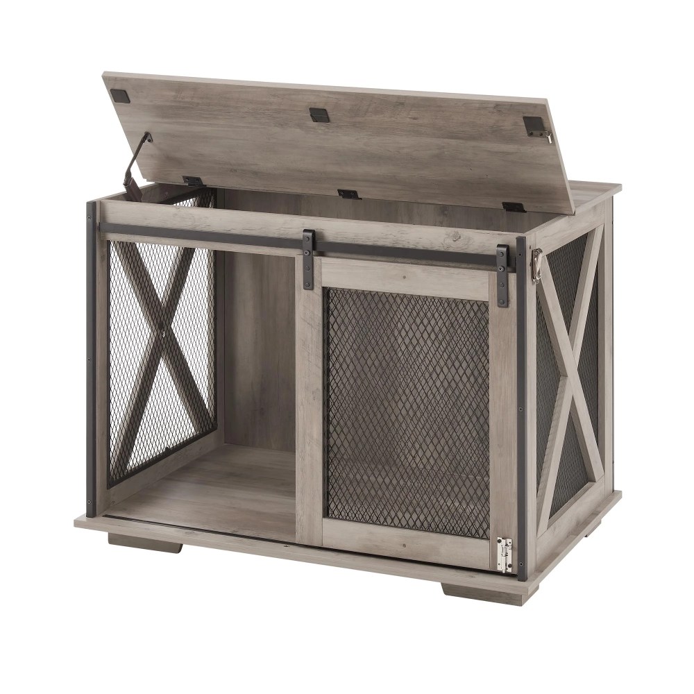 Pefilos 37" Wood Dog Crate Furniture, Heavy Dog Kennel Pet House with Sliding Barn Door, Indoor Dog Cage for Large Dogs, Gray - Image 2